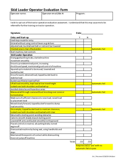 Skid Loader Operator Evaluation Form 